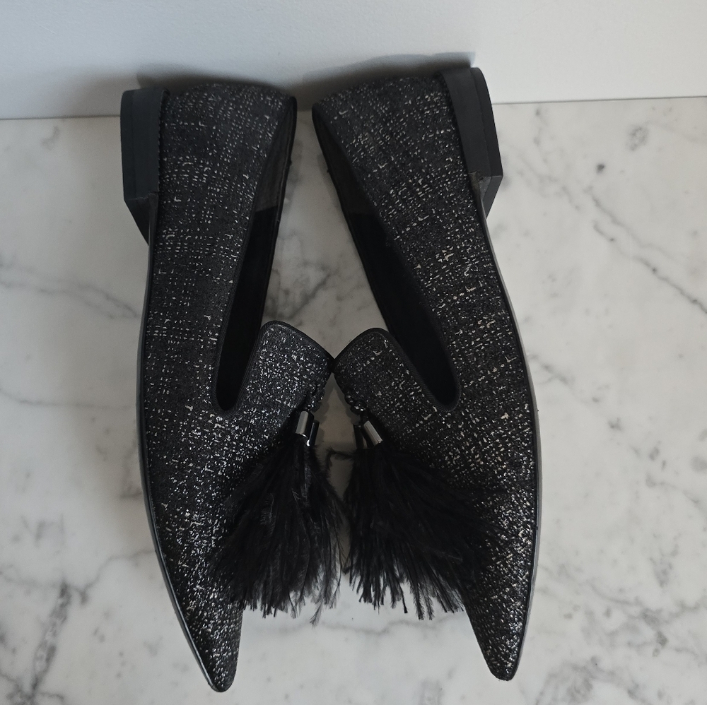 Franco Sarto TOPAZ Black Tweed Shimmer Feather Tassel Point Toe Flats Size 7 - Picture 5 of 12